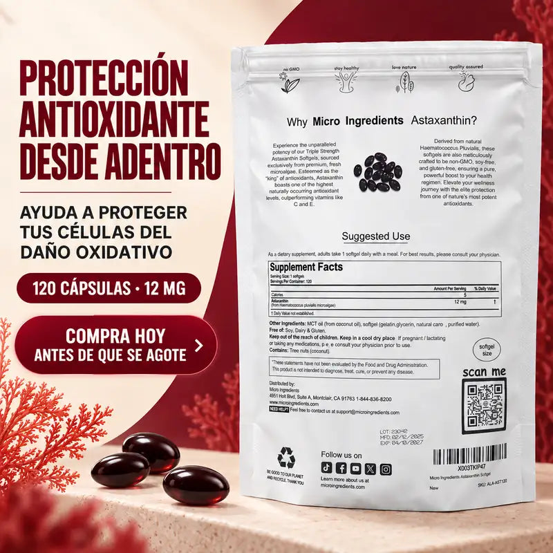 Astaxantina 12mg| Potente antioxidante antienvejecimiento, restaura articulaciones, mejora la salud cardiovascular, aumenta la energía la memoria y el rendimiento cerebral.