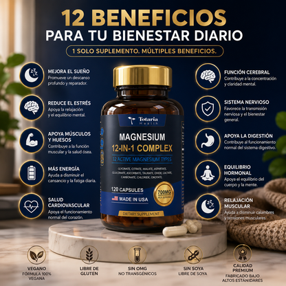 Magnesio 12 en 1 Totaria® Apoya la  Relajación muscular y el mejor dormir. empieza hoy mismo