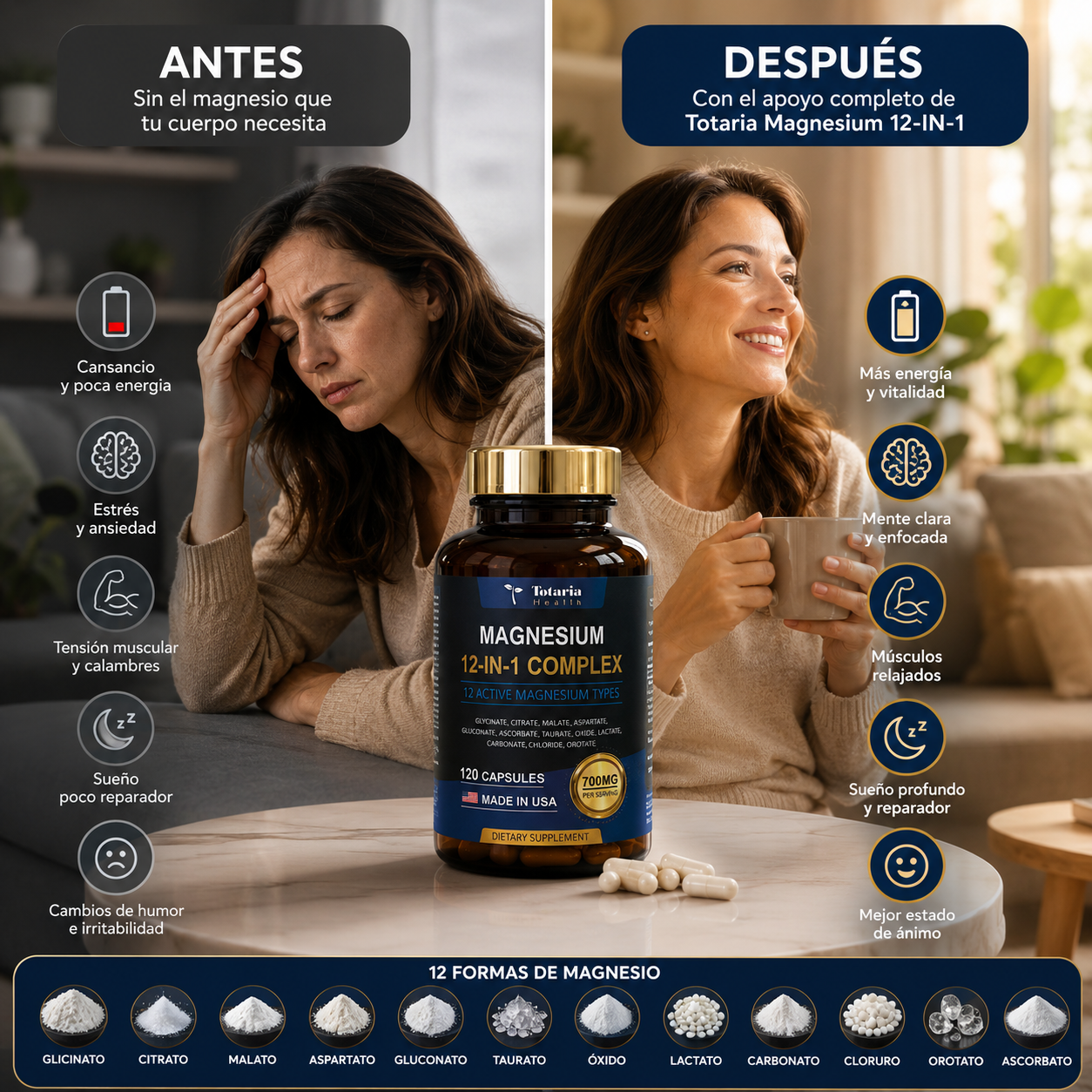 Magnesio 12 en 1 Totaria® Apoya la  Relajación muscular y el mejor dormir. empieza hoy mismo