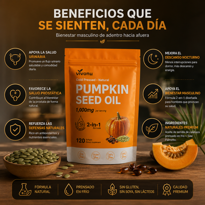 Aceite de Semilla de Calabaza + Saw Palmetto, VivoNu™  Apoyo para la Próstata y la Salud Urinaria, 120 Cápsulas Blandas
