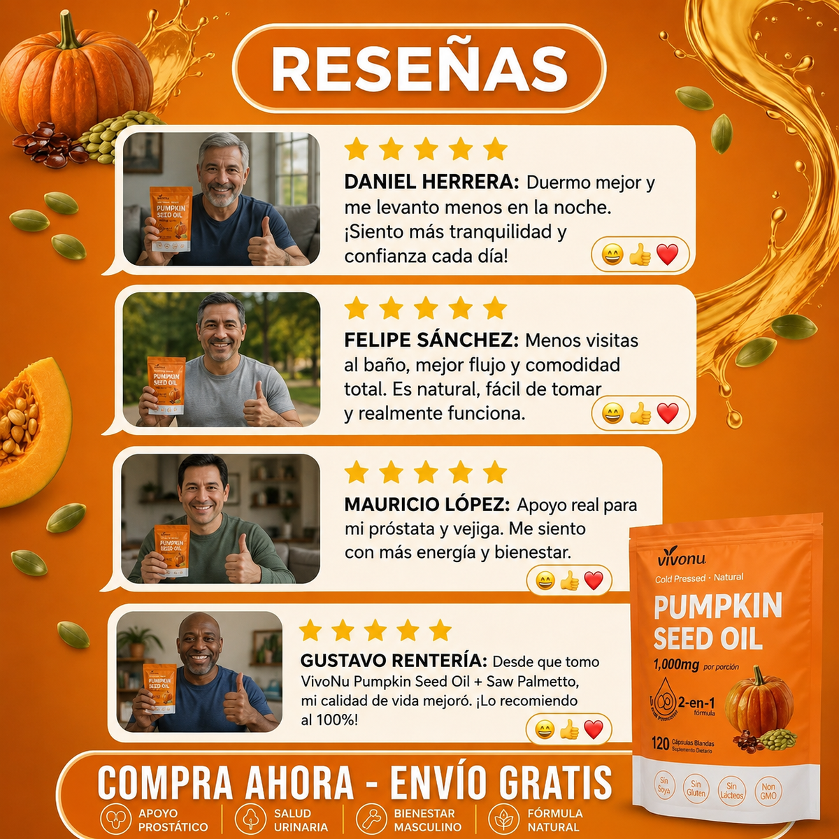 Aceite de Semilla de Calabaza + Saw Palmetto, VivoNu™  Apoyo para la Próstata y la Salud Urinaria, 120 Cápsulas Blandas