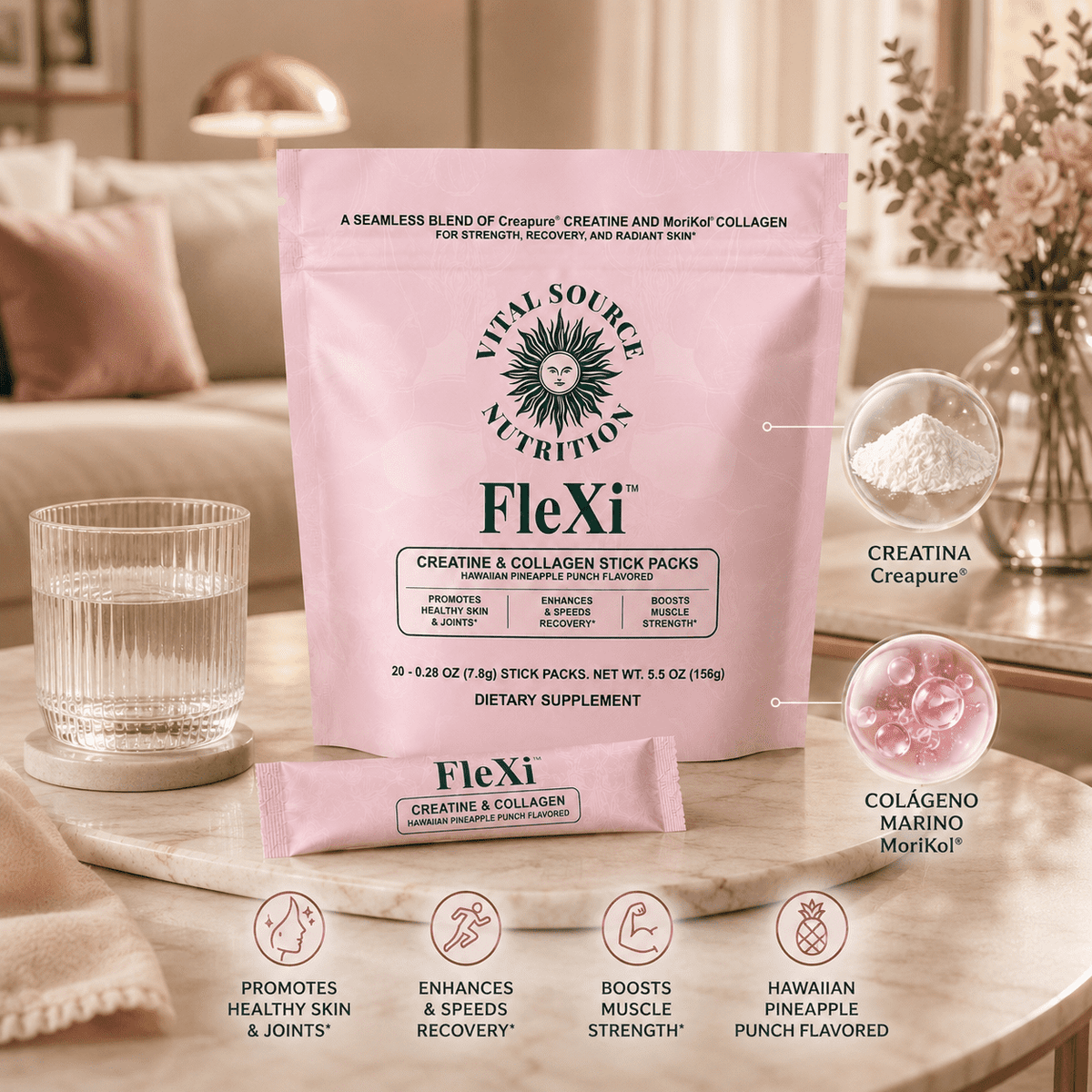 FLEXI™ Creatina y Colágeno Premium, Fuerza + Belleza Diaria, empieza hoy.