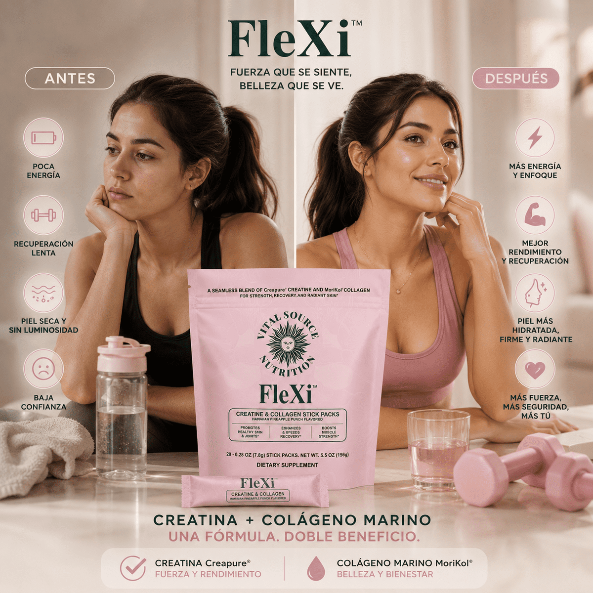 FLEXI™ Creatina y Colágeno Premium, Fuerza + Belleza Diaria, empieza hoy.