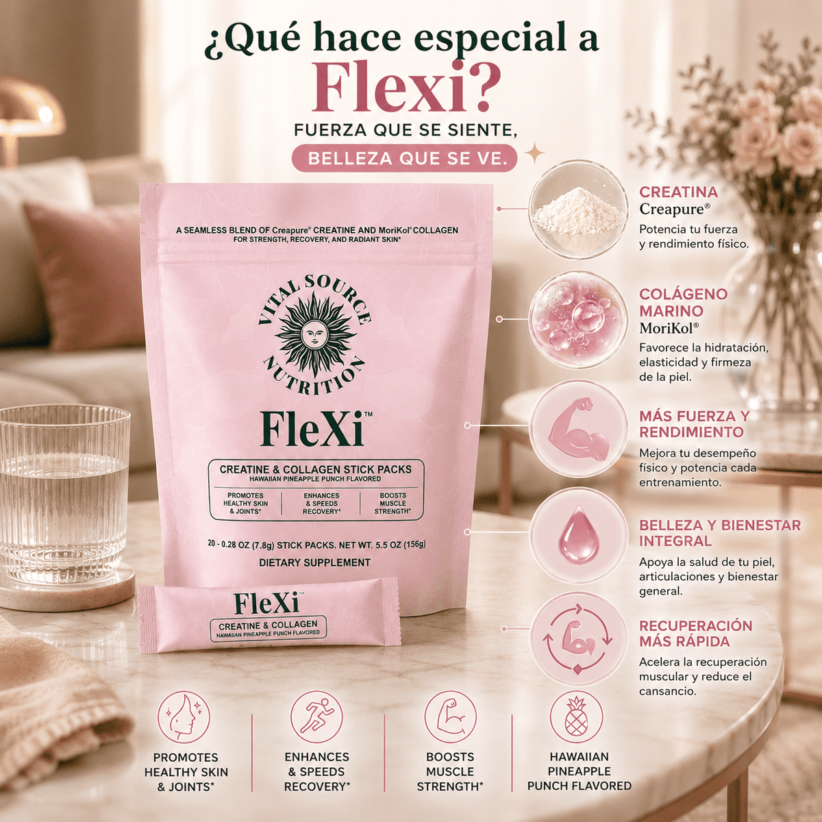 FLEXI™ Creatina y Colágeno Premium, Fuerza + Belleza Diaria, empieza hoy.