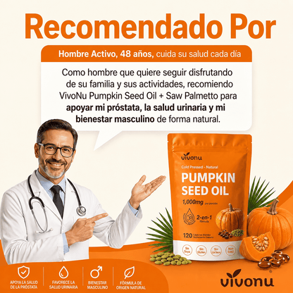 Aceite de Semilla de Calabaza + Saw Palmetto, VivoNu™  Apoyo para la Próstata y la Salud Urinaria, 120 Cápsulas Blandas