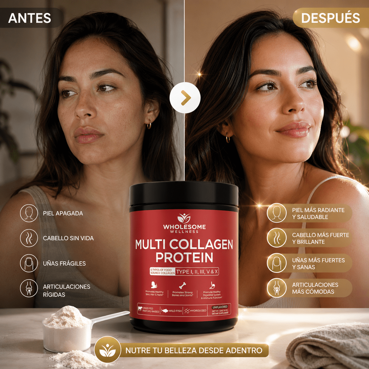 MULTICOLLAGEN PROTEIN™  5 Tipos de Colágeno para Piel, Cabello, Uñas y Articulaciones, empieza hoy