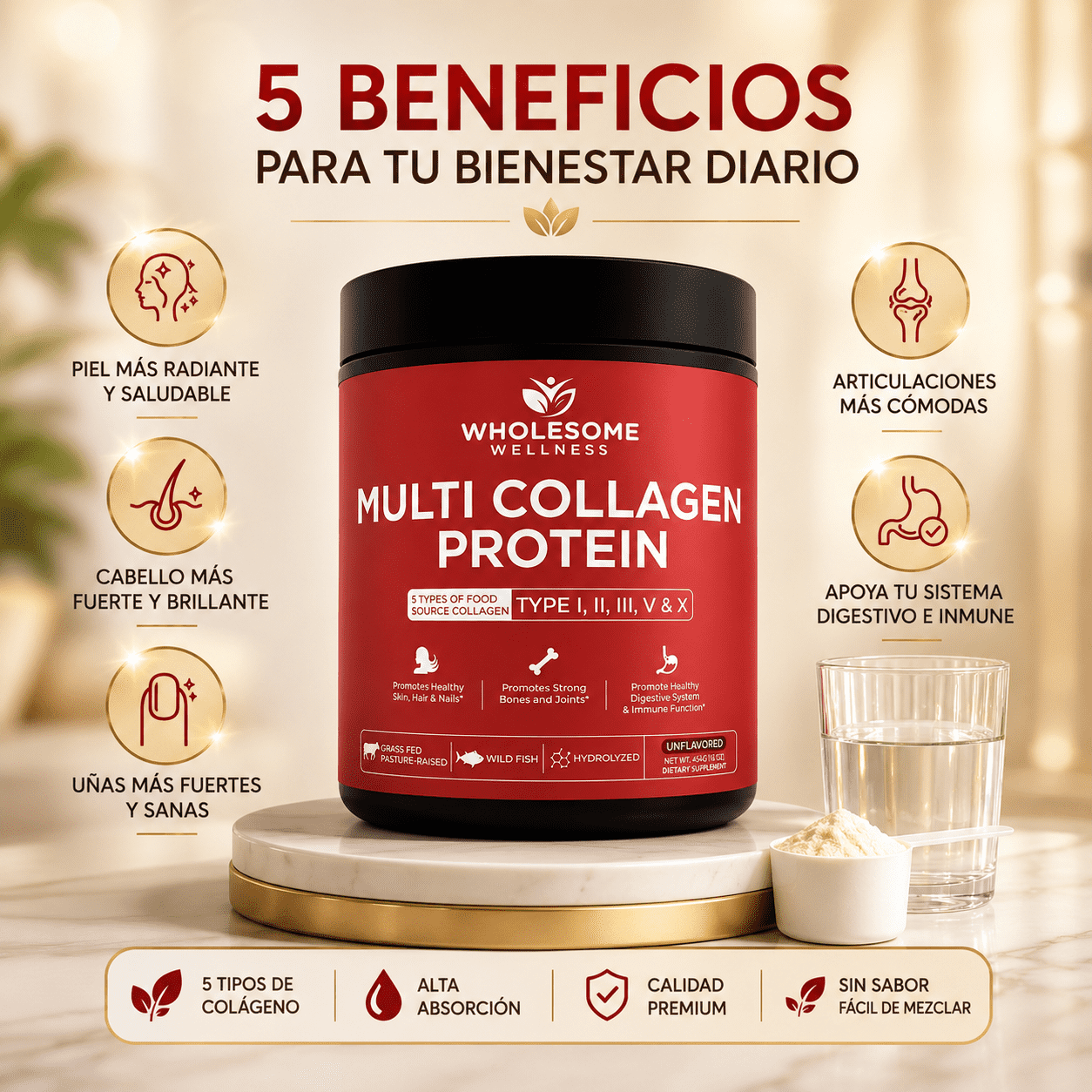 MULTICOLLAGEN PROTEIN™  5 Tipos de Colágeno para Piel, Cabello, Uñas y Articulaciones, empieza hoy