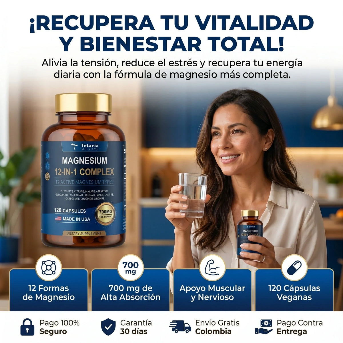 Magnesio 12 en 1 Totaria® Apoya la  Relajación muscular y el mejor dormir. empieza hoy mismo