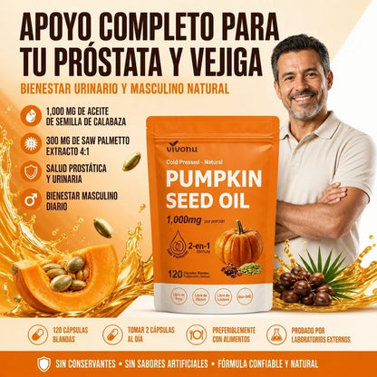 Aceite de Semilla de Calabaza + Saw Palmetto, VivoNu™  Apoyo para la Próstata y la Salud Urinaria, 120 Cápsulas Blandas