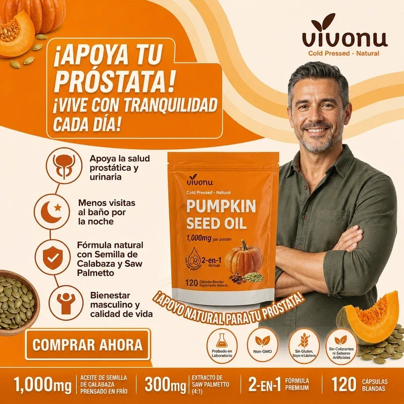 Aceite de Semilla de Calabaza + Saw Palmetto, VivoNu™  Apoyo para la Próstata y la Salud Urinaria, 120 Cápsulas Blandas