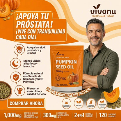 Aceite de Semilla de Calabaza + Saw Palmetto, VivoNu™  Apoyo para la Próstata y la Salud Urinaria, 120 Cápsulas Blandas