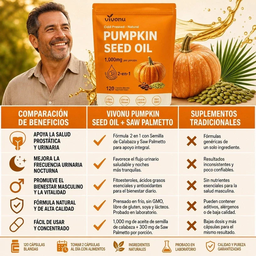 Aceite de Semilla de Calabaza + Saw Palmetto, VivoNu™  Apoyo para la Próstata y la Salud Urinaria, 120 Cápsulas Blandas