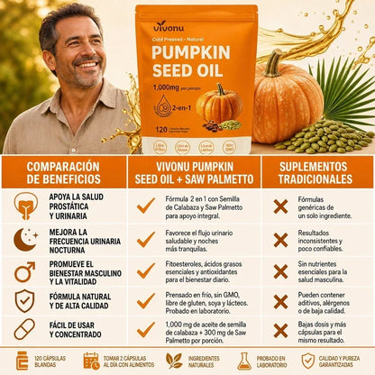 Aceite de Semilla de Calabaza + Saw Palmetto, VivoNu™  Apoyo para la Próstata y la Salud Urinaria, 120 Cápsulas Blandas